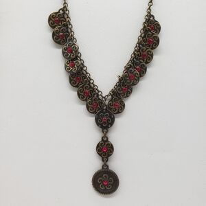 Elegant Bronze and Faux Red Accent Fashion Pendant Necklace
